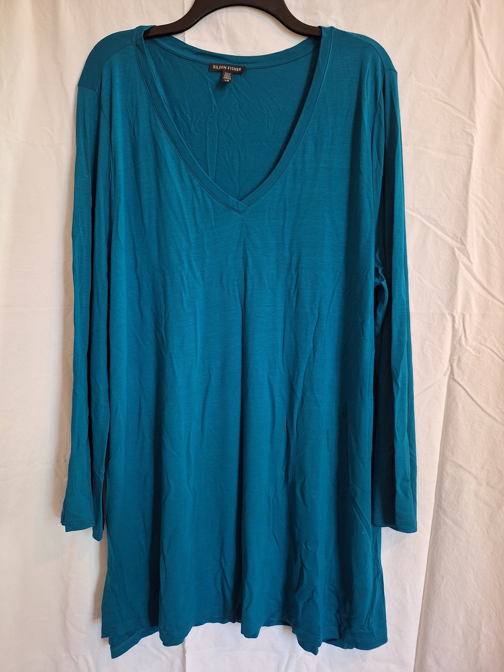 Eileen Fisher Women's Tunic Top Teal Blue Long Sleeve Size L V Neck Flare Sleeve